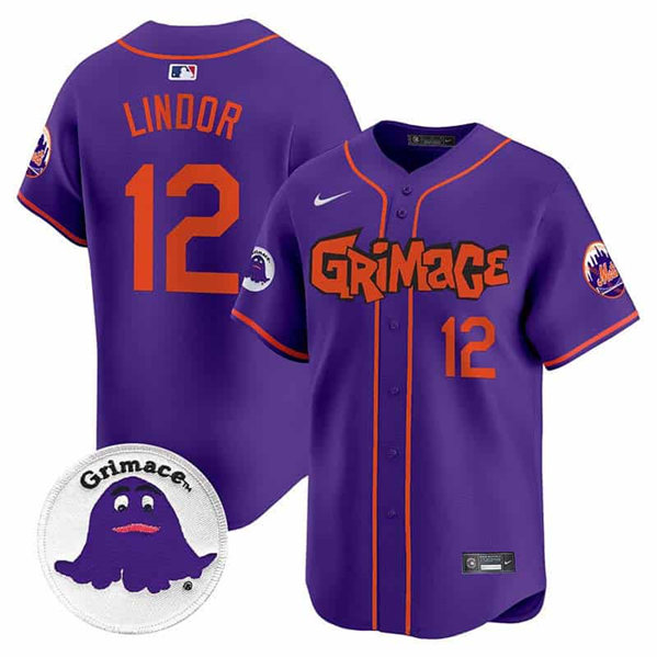 Men's New York Mets #12 Francisco Lindor Purple Grimace V2 Vapor Limited Stitched Baseball Jersey Men's New York Mets #12 Francisco Lindor Purple Grimace V2 Vapor Limited Stitched Baseball Jersey
